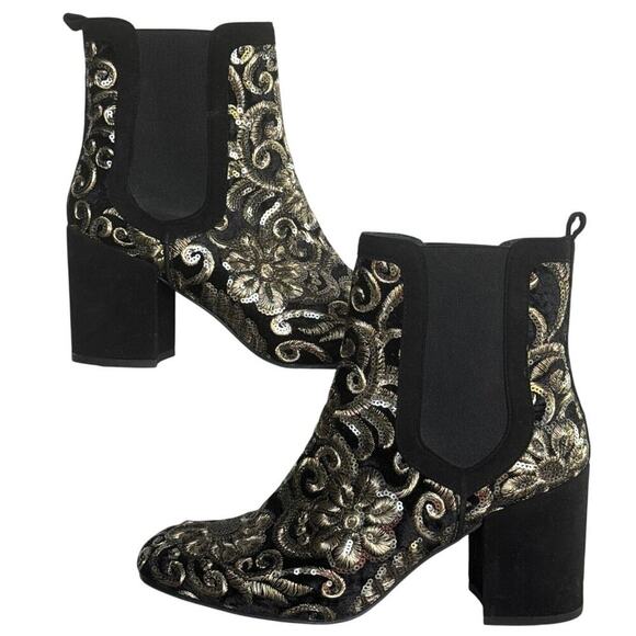 Stuart Weitzman Mediate Metallic Embroidered Velvet Block Heel Booties Size 8M - Picture 3 of 9